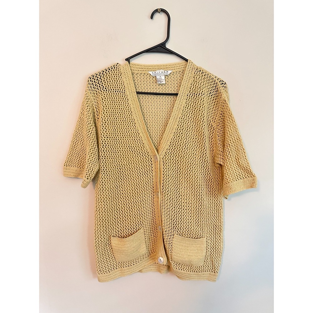 VTG 100% Ramie Cotton John Paul Richard Cardigan Womens MEDIUM Open Knit Button
